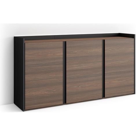 Skraut Home - Sideboard, Highboard, Kommode, Komodenschrank, 156x35x80cm, 3 Türen, LED, Moderner Stil, Dunkler Eiche und Schwarz