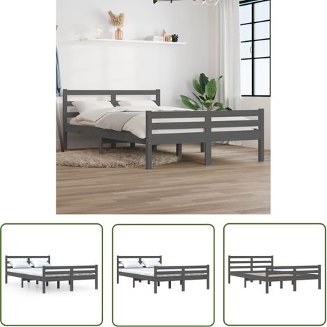 The Living Store Massivholzbett Grau 140x200 cm - Holzbett - Massivholzbette - Kiefernbett - Doppelbett - Bettgestell (1/5)