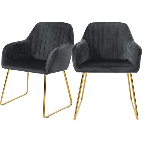 ML-Design Esszimmerstühle 2er Set, Sitzfläche aus Samt, Grau, Wohnzimmerstuhl mit Rücken- und Armlehnen, Küchenstuhl Gold Beine, Polsterstuhl mit Metallgestell, Ergonomische Sessel für Esstisch