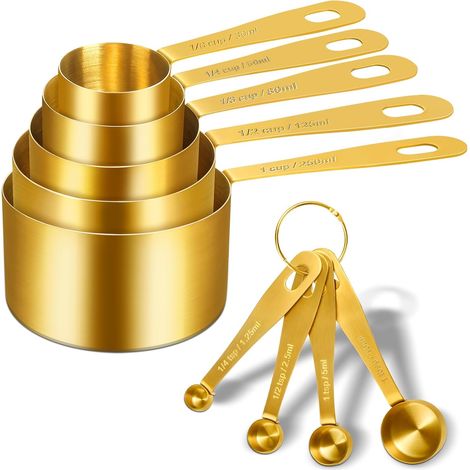Set de 9 Tasses et Cuillers à Mesurer, Tasses a Mesurer en Acier Inoxydable avec Mesures Métriques et Américaines, Cuillere Doseuse Sèche et Liquide pour Pâtisserie, Cuisine (1/5)