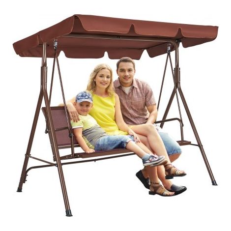 Balancelle de terrasse 3 places, balançoire d'extérieur avec auvent réglable de porche, accoudoirs, tissu Teslin, cadre en acier allié pour balcon, cour, patio, jardin, bord de piscine, marron (1/4)