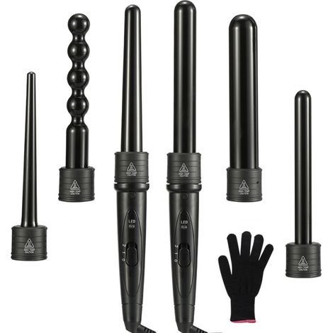 6 en 1 Fer à friser et sèche-cheveux, céramique tourmaline, température réglable 80–230 °C, 6 embouts inclus, gant thermorésistant (1/5)