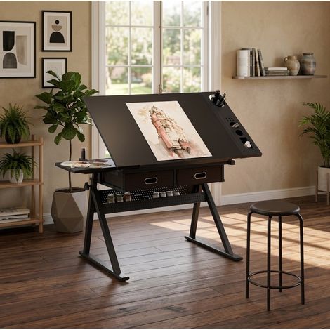 Escritorio de dibujo regulable con 2 cajones, tablero inclinable y taburete negro OKMYHOME (1/5)