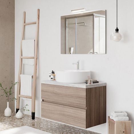 Mobile bagno sospeso 80 rovere fumo top cenere con specchio LED Town (1/5)