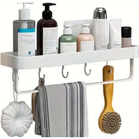 Aluminium-Badezimmerregal, kein Bohren erforderlich, Wandmontiertes Aufbewahrungs- und Dekorationsregal für das Badezimmer, Multifunktionaler Handtuchhalter (41 cm, Weiß)