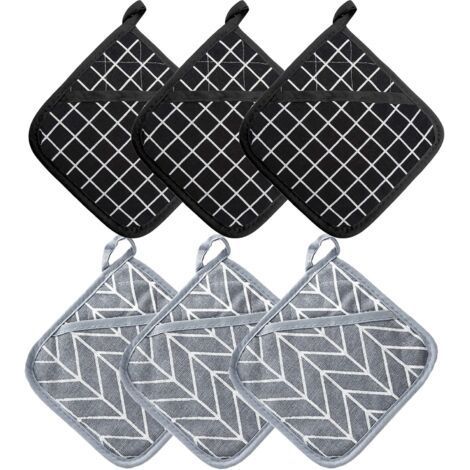 Maniques Cuisine et Gant Four Résistants à la Chaleur 392 ° F, Gant Cuisine Four Épaisses Set de Coton Recyclé Rempli, pour la Cuisine, la Pâtisserie, 17cm x 17cm, 3PCS Gris et 3PCS Noir (1/5)