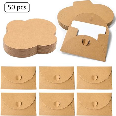 Set di 50 mini buste in carta kraft con biglietti bianchi per cartoline, matrimoni, compleanni e feste. (1/5)