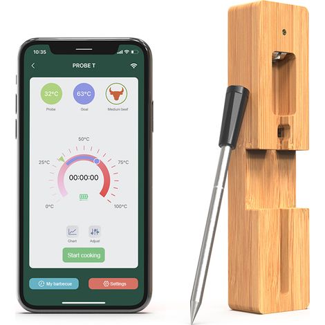 Decdeal – Thermomètre à viande sans fil Bluetooth – Plage de mesure 0-100 °C – Étanchéité IPX7 – Charge rapide en 5-10 min – Application Smart Control - FIL 5-10 (1/5)