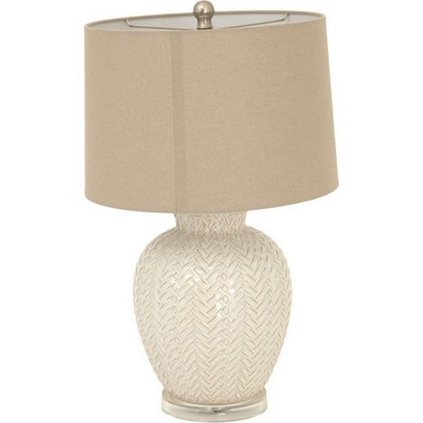 Twill Weave Table Lamp with Linen Shade - Ceramic - L25 x W25 x H58 cm - White