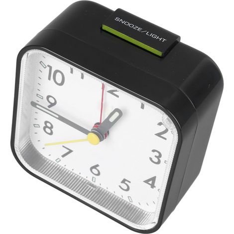 Petit réveil noir silencieux au design minimaliste avec fonction snooze et rétroéclairage, idéal pour la chambre ou le salon. (1/5)