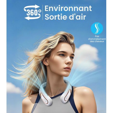 Ventilateur de Cou Portable, Ventilateur USB Rechargeable 4000mAh Max 15H, Ventilateur Silencieux sans Pale, 3 Vitesses et Affichage LED, Petit Ventilo Puissant 360°, pour Bureau Sport Voyage Camping