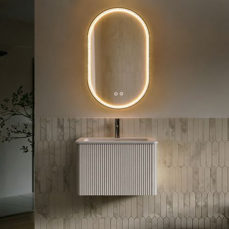 Meuble vasque 60cm avec miroir ovale à strass, pré-monté, meuble rayé avec tiroir, rangement pratique, blanc, salle bain design et raffiné (1/5)