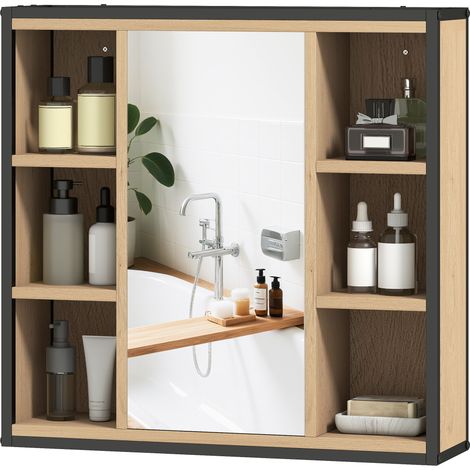 Armoire miroir salle de bain 6 compartiments ouverts étagère 3 niveaux murale chêne