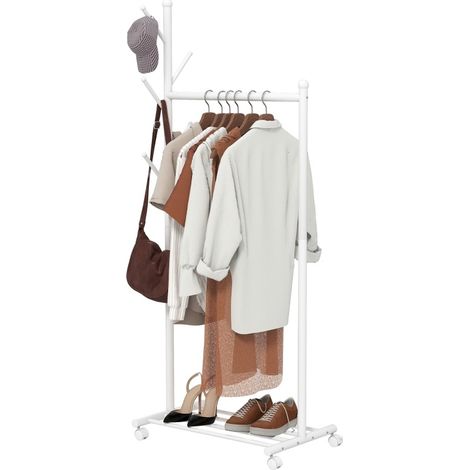 Portant à vêtements mobile sur roulettes avec 5 crochets et étagère à chaussures, barre 61 cm, métal blanc, gain de place pour chambre CHICFURN (1/5)