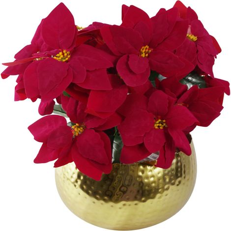Artificial Christmas Xmas Poinsettias Gold Curve Large Metal Planter (1/5)