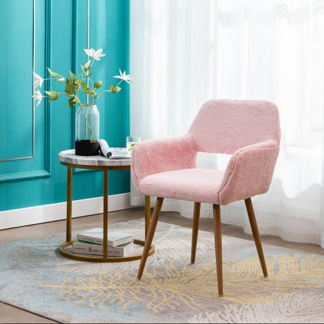 Silla de comedor rosa con reposabrazos, tapizado textil afelpado y respaldo hueco, patas de metal acabado madera – CHICFURN, asiento cómodo de estilo elegante (1/5)