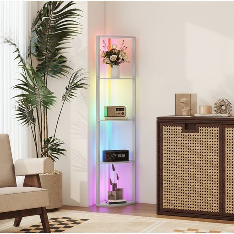 Lámpara de pie LED RGB con estantería de 5 niveles, regulable y mando, gris OKMYHOME (1/5)