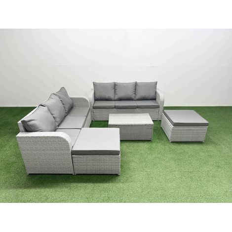 Fimous Outdoor Garden Furniture Sets 8 Seater Wicker Rattan Furniture Sofa Sets with Rectangular Coffee Table high Back Lounge Sofa 2 Big Footstool Light Grey (1/5)