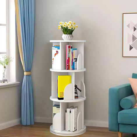 Hofuton Étagère à livres rotative à 3 niveaux - Étagère de rangement haute - Pour la maison, le salon, l'étude, le bureau - Blanc/Couleur du bois (1/5)