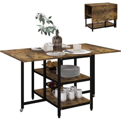 Table à manger pliante AoSenYunZhou avec roulettes, 2 étagères, cadre acier, marron et noir, design industriel, 140x80x75 cm (1/5)
