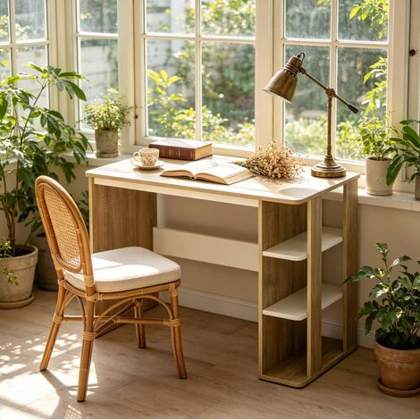 Bureau en bois imitation chêne clair et blanc 100x44x74 cm Modenuit (1/5)
