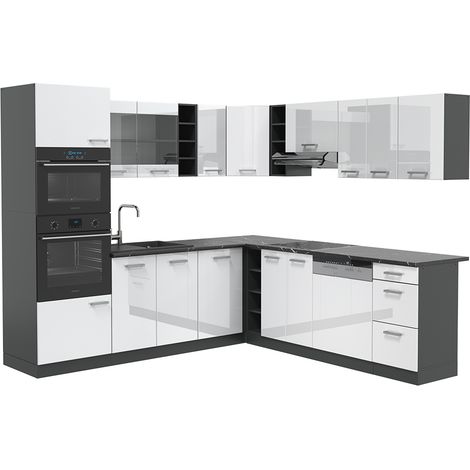 Eckküche R-Line, Weiß Hochglanz/Anthrazit, 237 x 247 cm , AP Anthrazit, Vicco