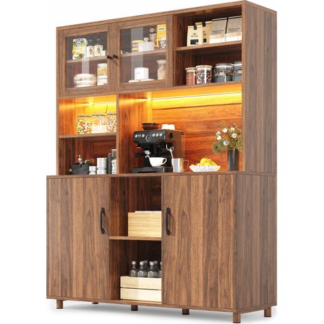 Credenza alta da cucina con 2 ante scorrevoli in vetro, 3 ripiani regolabili e LED per cucina, in MDF, noce marrone, 140x40x185 cm (1/5)