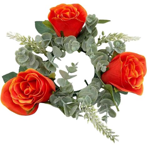 Couronne de bougies avec anneaux et supports pour bougies piliers, roses artificielles de 22 cm, idéale pour Noël, décoration de porte d'entrée, fête ou bar.-Orange