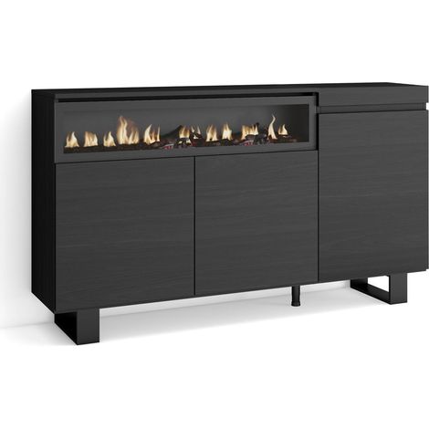Skraut Home – Buffet noir 150x35x87cm – 3 portes – Meuble de rangement avec cheminée électrique – Design industriel moderne (1/5)