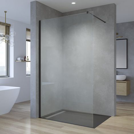 Duschabtrennung Glas Walk in Dusche Duschwand Klarglas Einscheibensicherheitsglas mit Nano Antikalk-Versiegelung 100x200 cm Aluminiumprofile schwarz matt inkl. 90° Stabilisationsbügel (1/5)