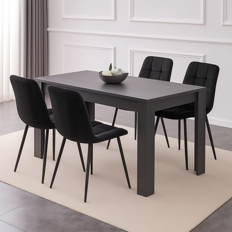 Dining Table and 4 Chairs Black Dark Grey Velvet Chairs Wood Dining Set Furniture (1/5)