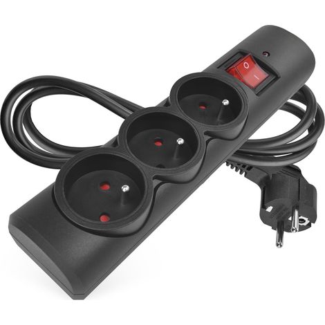 multiprise parafoudre avec LED, 3 Prises françaises 45°, câble 1,5m, Interrupteur, sécurité Enfants, 2300W/10A, PVC, intérieur, Noir (1/5)