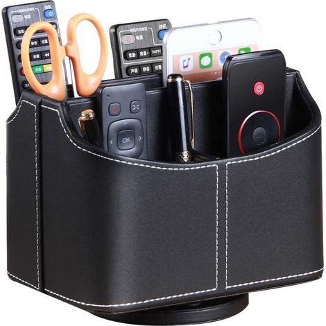 Soporte giratorio para mando a distancia, organizador multimedia con 5 compartimentos, organizador de escritorio multifuncional de piel sintética, caja de almacenamiento para mandos a distancia, iPad, (1/4)