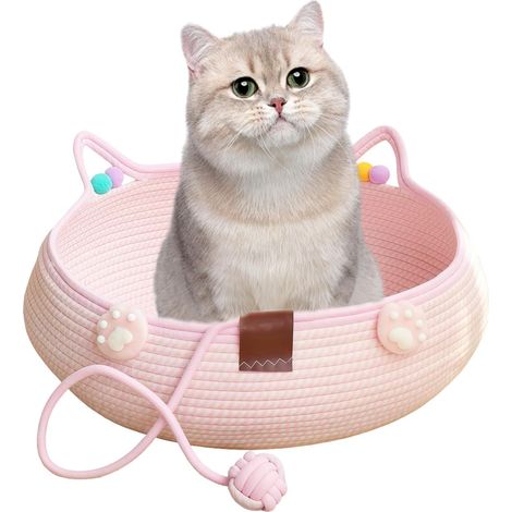Panier en corde de coton rose avec oreilles pour chat d'intérieur, petits chiens et lapins - joli panier avec pompons et balle de jeu (35 x 13 cm)