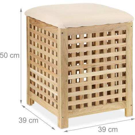 Relaxdays Wäschekorb mit Sitz, Walnussholz, Stoff, HxBxT: 50 x 39 x 39 cm, 45 l Wäschebox, Badhocker mit Stauraum, natur