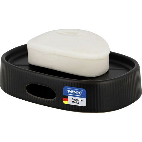 Porte-Savon Mod Fablo en céramique à Relief rainuré, Support de Savon à Poser, avec Orifice d’écoulement, coupelle pour Salle de Bain et WC invités, Noir Mate