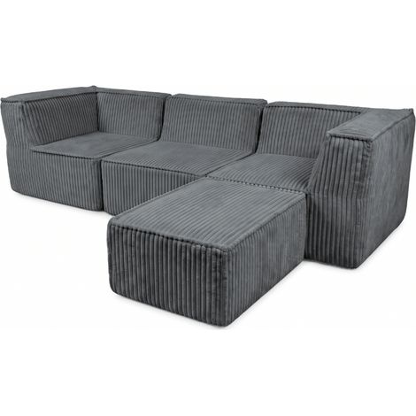 Canapé modulable 3 places déhoussable + méridienne velours côtelé BANANAIR 90x262 cm gris foncé (1/5)