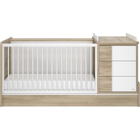 M&S – Lit évolutif bébé 70x140 cm – Effet bois chêne – Sommier réglable – Rangement 3 tiroirs – Transformable en lit banquette (1/5)