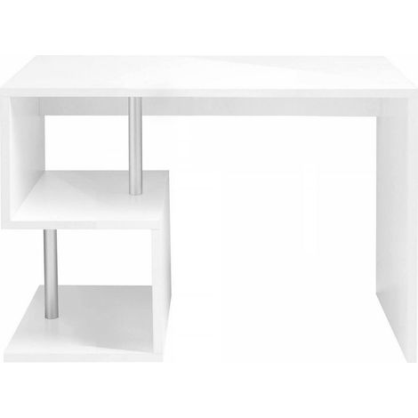 Dmora Scrivania moderna ad Esse per ufficio e studio con scaffale, Made in Italy, Tavolo da computer, Scrittoio porta PC, cm 100x50h78, colore Bianco lucido, con imballo rinforzato (1/3)