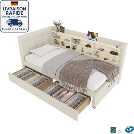 MODFU - Sofá cama infantil 90×200cm con almacenaje, 2 cajones, 6 compartimentos, USB+Tipo C, sin colchón, lino, beige (1/5)