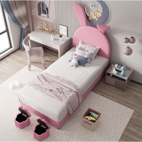 Letto singolo imbottito 90x200 cm con 2 sgabelli contenitore e comodino con LED, velluto rosa (1/5)