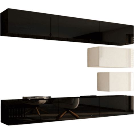 Conjunto de muebles de salón negro y blanco colgantes colección CEPTO XVI 249cm, 8 muebles, modulares. (1/5)