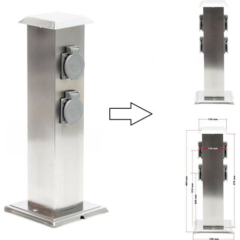 Prise de courant pour jardin sur pilier en acier inoxydable - 4 prises IP44