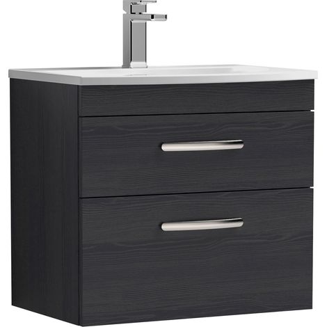 Nuie Athena Charcoal Black Woodgrain 600mm Wall Hung 2 Drawer Vanity Unit and Curved Ceramic Basin - ATH047G (1/5)
