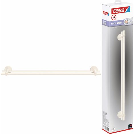tesa MOON WHITE Doppel-Handtuchstange, matt weiß - Badetuchhalter mit 2 Stangen - zur Wandbefestigung ohne Bohren, inkl. Klebelösung - 112 mm x 640 mm x 50 mm (1/5)