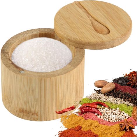 Boîte à Sel en Bambou - 1 Unité - Naturel - Couvercle Magnétique Pivotant - Cuisine et Table - 9x9x7cm (1/5)