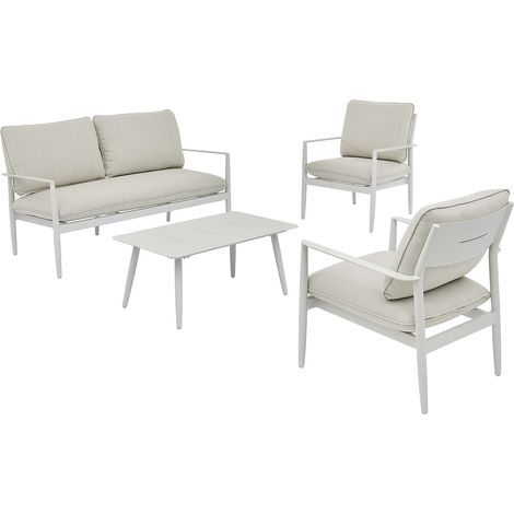 Salon de jardin en aluminium : un canapé 2 places, 2 fauteuils et une table basse - Blanc avec coussins beiges - TAVINYA de MYLIA