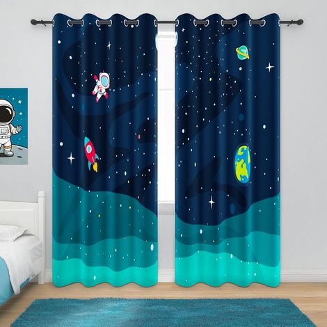 Space Blackout Curtain for Children's Boys Bedroom Navy Blue Universe Galaxy Rocket Astronaut Planets Stars Thermal Curtains with Eyelets 2 Panels 117 x 138 cm (1/5)