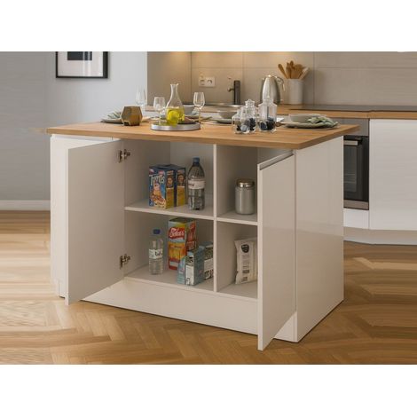 Dmora - Isla de cocina Patrizio, Mesa auxiliar de almacenaje, mueble de cocina de 3 puertas, 100% Made in Italy, 155x90h90 cm, Blanco brillo y roble, con embalaje reforzado (1/5)
