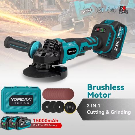 Meuleuse d'Angle Sans Fil 125 mm Compatible Batterie Makita 21V, 3 Vitesses Réglables, avec 2 Batteries et Coffret de Rangement (1/5)